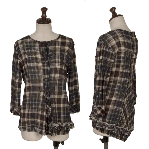 Y's Hem Frill Asymmetrical Sheer Check Cardigan Brown,Navy 2 K-171071_001