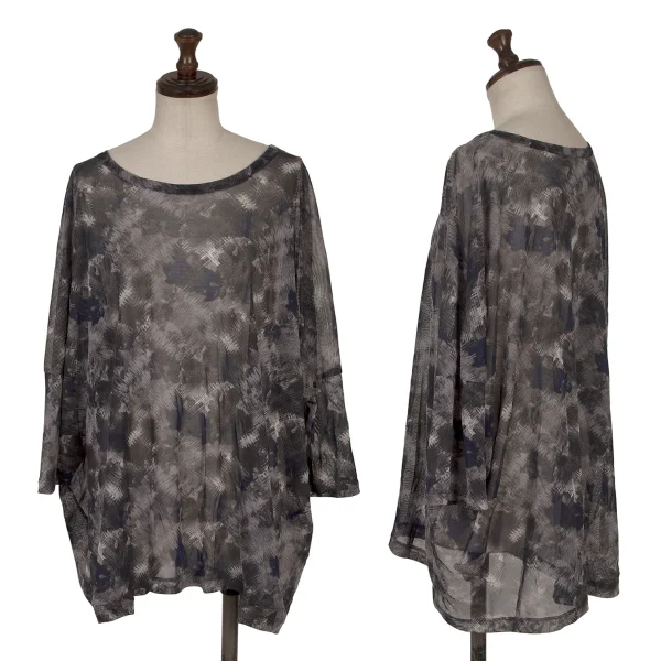 Y's Printed Off-shoulder Mesh Wide Top Charcoal 2 K-171072_001