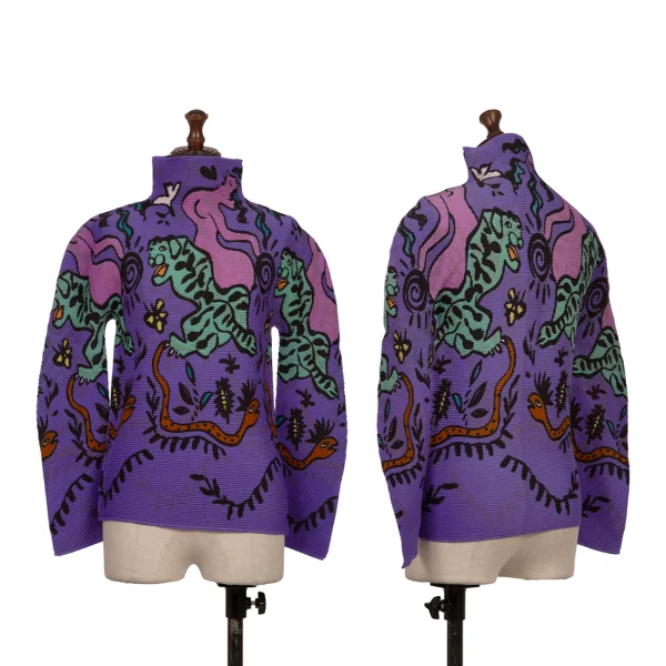 ISSEY MIYAKE me Stretch Pleats Animal Graphic Print Top  Purple,Multi-Color F K-171111_001