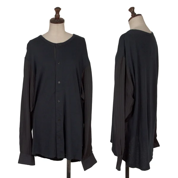 Y's Knit Fabric Switching Striped Collarless Cardigan Navy 4 K-171207_001