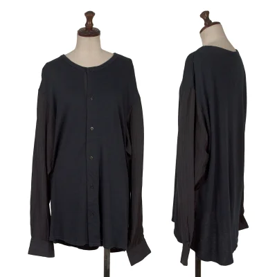 Y's Knit Fabric Switching Striped Collarless Cardigan