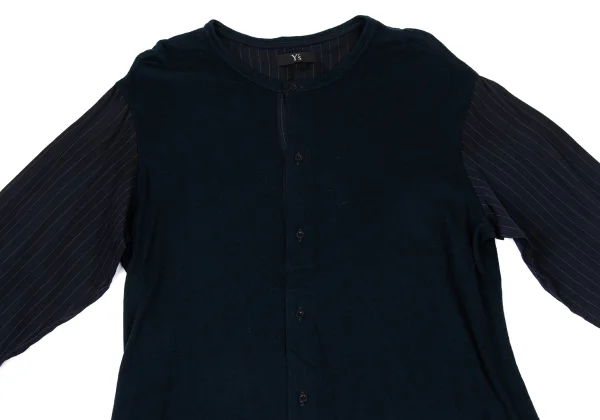 Y's Knit Fabric Switching Striped Collarless Cardigan K-171207_003