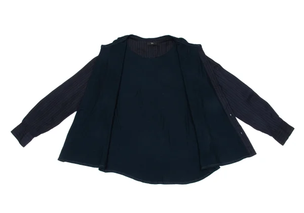 Y's Knit Fabric Switching Striped Collarless Cardigan K-171207_012