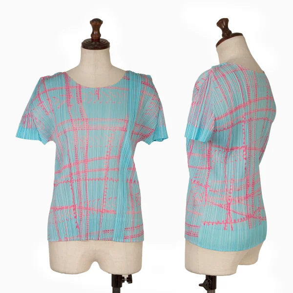 PLEATS PLEASE Patterned T Shirt Sky blue,Pink 4 K-171346_001