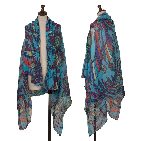 PLEATS PLEASE Pleated Colorful Botanical Print Poncho Sky blue,Multi-Color Free K-171411_001
