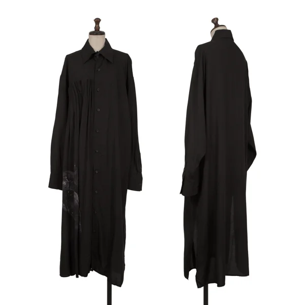 Yohji Yamamoto FEMME Pleats Switching Graphic Print Long Shirt Black 1 K-171437_001