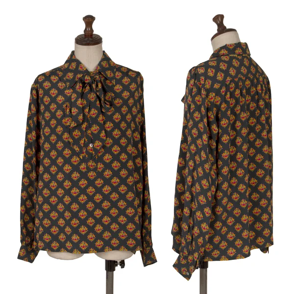 Yves Saint Laurent×ALPHA CUBIC Tie-neck Floral Print Pullover Blouse Black,Multi-Color 36 K-171498_001