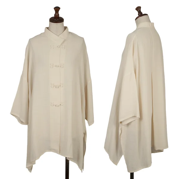 HIROKO BIS Poly Linen Wide Silhouette Chinese Short Sleeve Shirt Ivory S-M K-171499_001