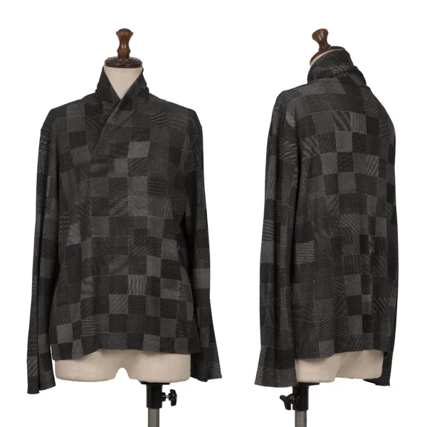 JURGEN LEHL Silk Shawl Collar Block Check Top Black,White M K-171594_001