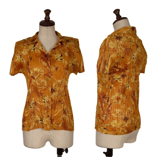 PLEATS PLEASE Floral Print Open-collar Short Sleeve Blouse Orange 3 K-171611_001