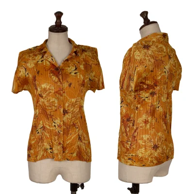 PLEATS PLEASE Floral Print Open-collar Short Sleeve Blouse