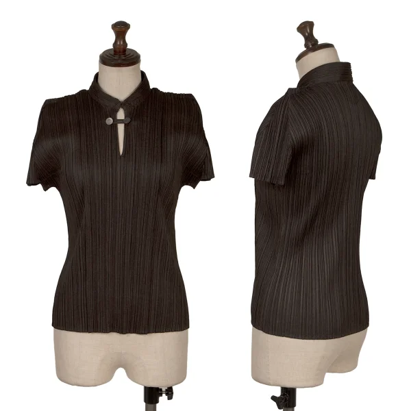 PLEATS PLEASE Metal Button Band-neck Skipper Top Brown 3 K-171614_001