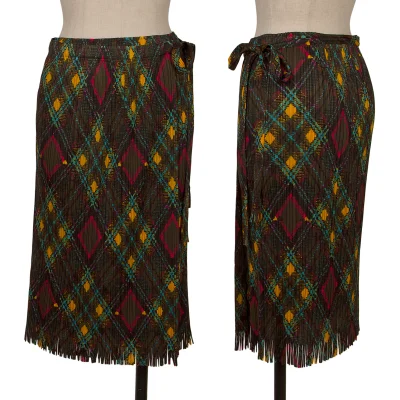 PLEATS PLEASE Fringe Argyle Front Wrap Skirt