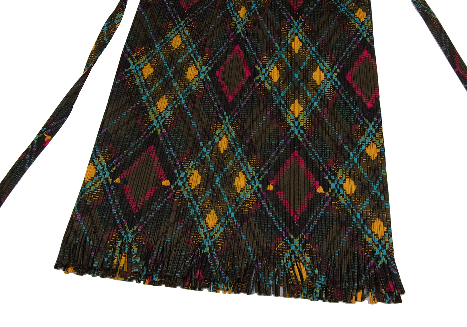 PLEATS PLEASE Fringe Argyle Front Wrap Skirt Khaki,Multi-Color 5