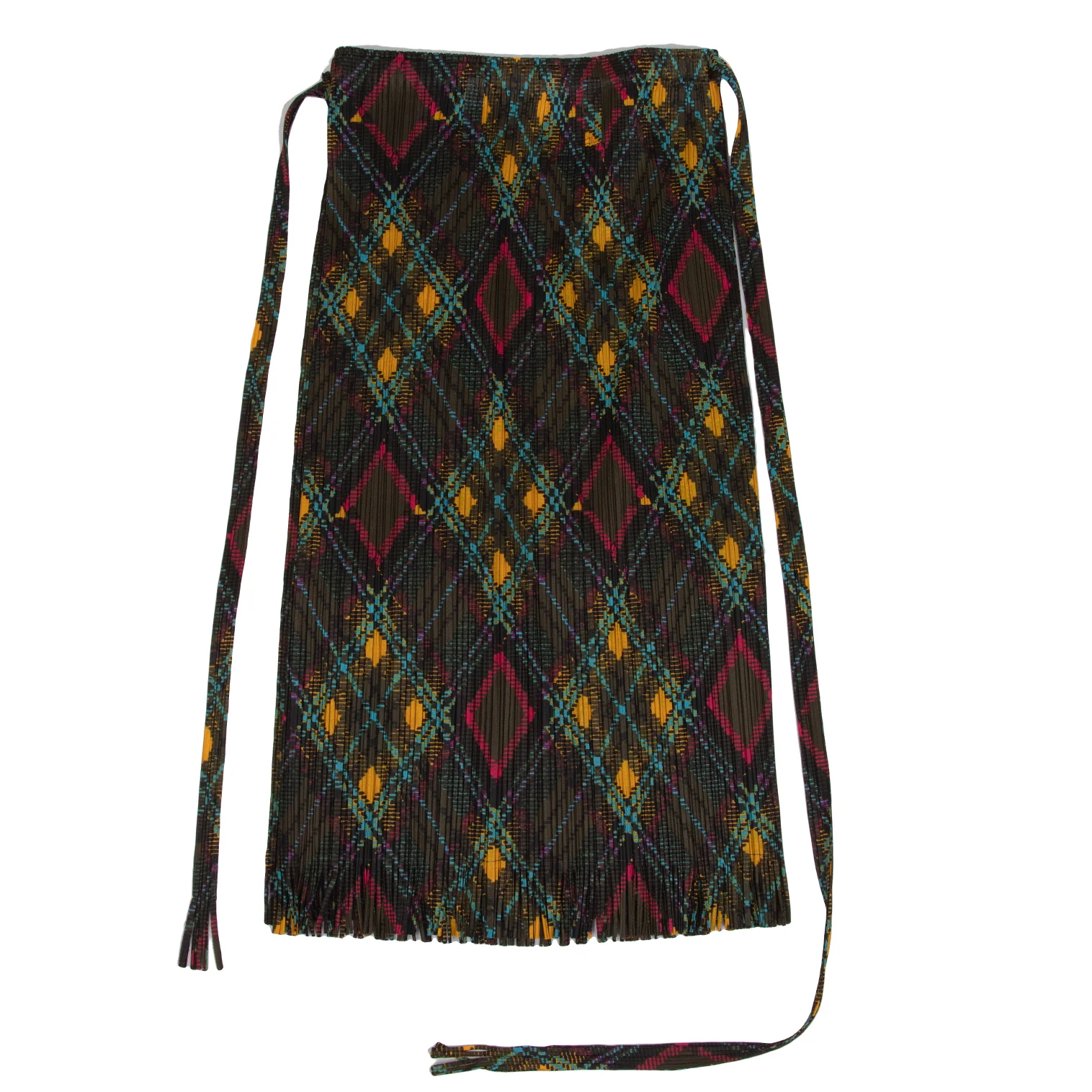 PLEATS PLEASE Fringe Argyle Front Wrap Skirt Khaki,Multi-Color 5