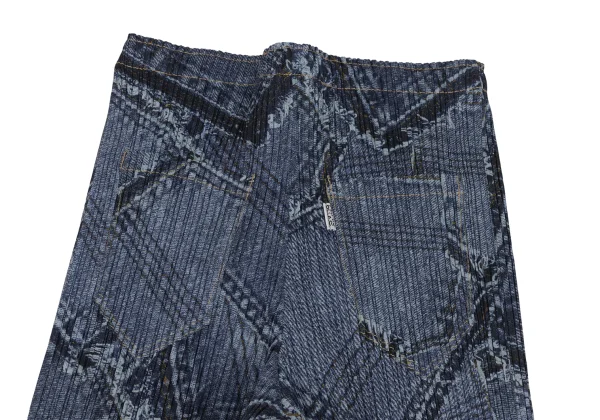 プリーツプリーズPLEATS PLEASE パッチワークデニム転写フレアパンツ