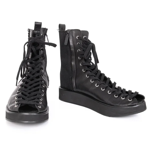 LIMI feu Canvas Switching Leather Open Front Boots Black 4 (US About 8) K-171737_001