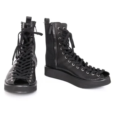 LIMI feu Canvas Switching Leather Open Front Boots