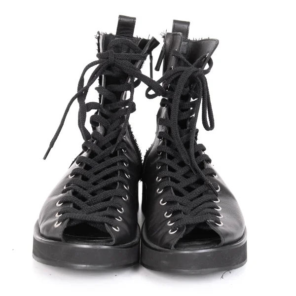 LIMI feu Canvas Switching Leather Open Front Boots K-171737_004