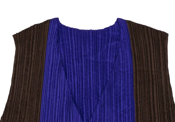 イッセイミヤケISSEY MIYAKE バイカラープリーツベスト 青茶M (K-171775)