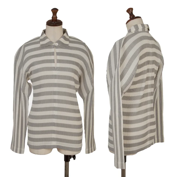 ISSEY MIYAKE Pleated Striped Skipper Shirt White,Grey M K-171784_001