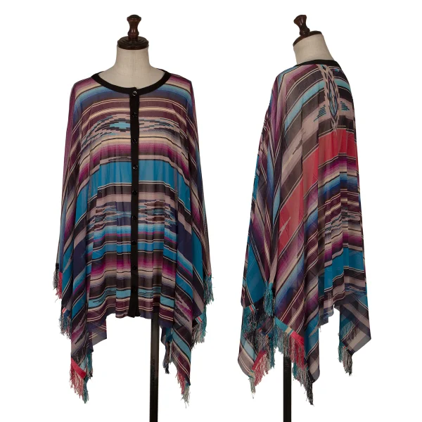Jean Paul GAULTIER FEMME Native Stripe Pattern Fringe Mesh Poncho Blue,Purple,Black 40 K-171874_001
