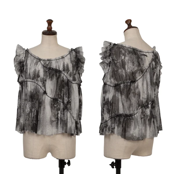 Jean Paul GAULTIER FEMME Floral Print Frill Mesh Sleeveless Blouse Black,White,Grey 40 K-171876_001