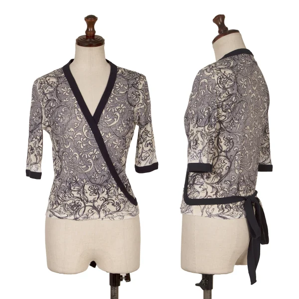 Jean Paul GAULTIER FEMME Botanical Print Drawstring Short-sleeved Cardigan Navy,White 40 K-171880_001