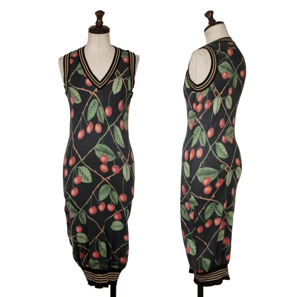 John Galliano Cherry Printed V-neck Knit Dress Multi-Color XS K-171887_001