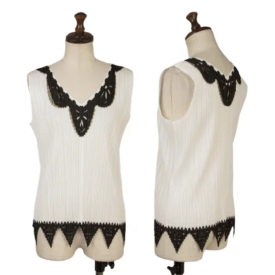 PLEATS PLEASE Pleated Cutout Lace Sleeveless Top
