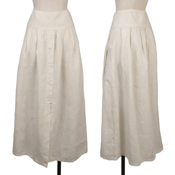 agnes b. Linen Front Button Tuck Design Striped Skirt Beige,White 40 K-171918_001