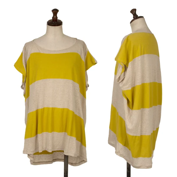 Plantation Cotton Linen Striped Switching T-shirt Beige,Yellow M K-171952_001