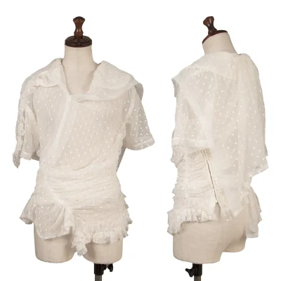 COMME des GARCONS Dot Embroidery Chiffon Round Collar Gather Blouse