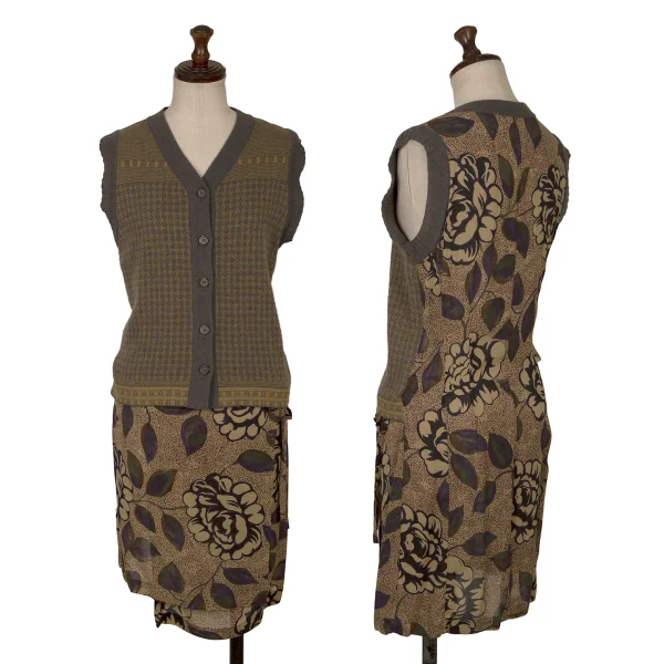 DRIES VAN NOTEN Knit Vest Switching Floral Print Dress Beige 36 K-172003_001