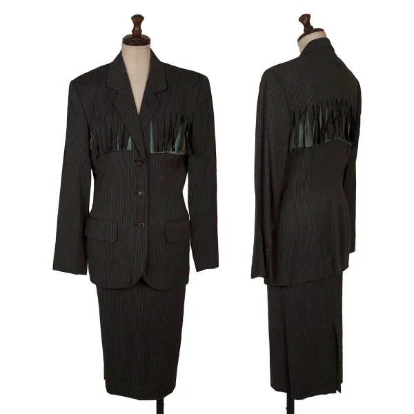 Jean Paul GAULTIER FEMME Cutting Fringe Striped Jacket & Skirt Black 40 K-172085_001