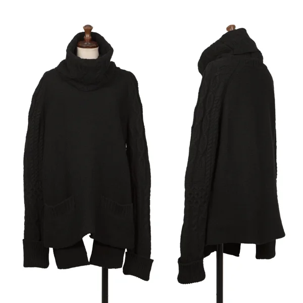 Yohji Yamamoto NOIR Wool Blend Patch Pocket Turtleneck Cable Knit Sweater Black 2 K-172194_001