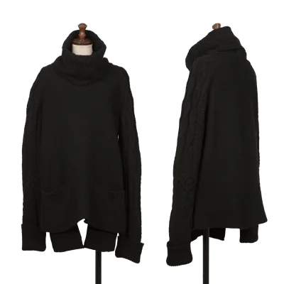 Yohji Yamamoto NOIR Wool Blend Patch Pocket Turtleneck Cable Knit Sweater