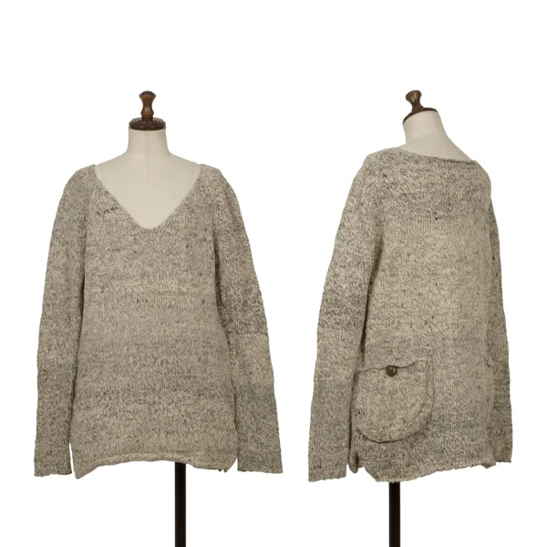 Y's Wool Cotton Back Pocket knit Sweater Khaki,Ivory 2 K-172197_001