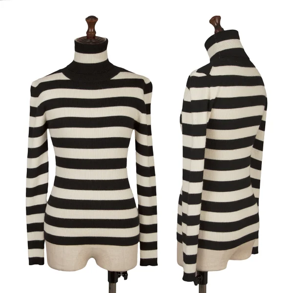 To b.by agnes b. Striped Turtleneck Rib Knit Top White,Black TU K-172256_001