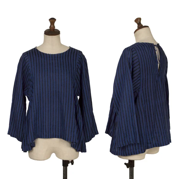 COMME des GARCONS Linen Stripe Flare Blouse Blue,Black XS K-172310_001