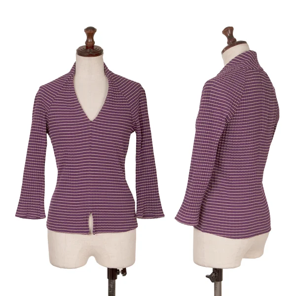 gigli Nylon V-neck Striped Rib Knit Top Purple 38 K-172348_001