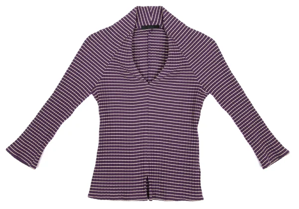 gigli Nylon V-neck Striped Rib Knit Top K-172348_002
