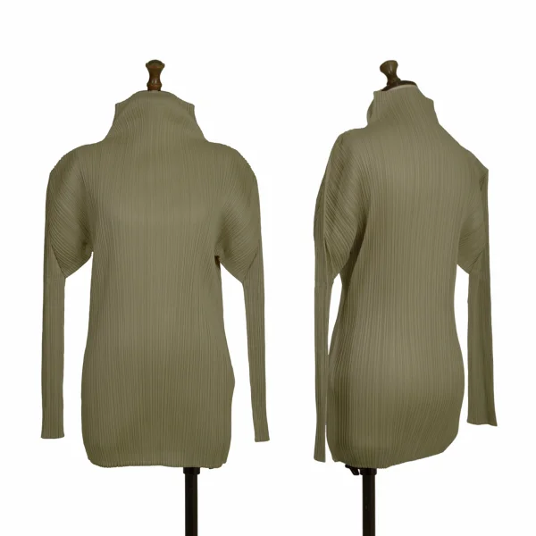 PLEATS PLEASE Pleated High-neck Long Sleeve Top Khaki 3 K-172449_001