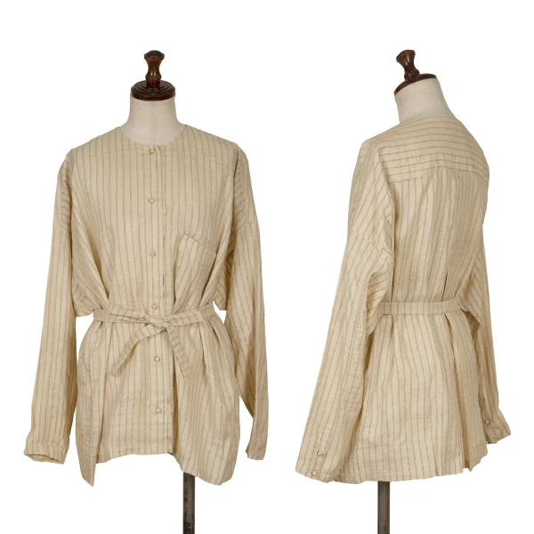 ASHA BY MDS Cotton Stripe Patch No Collar Shirt Beige S-M K-172456_001