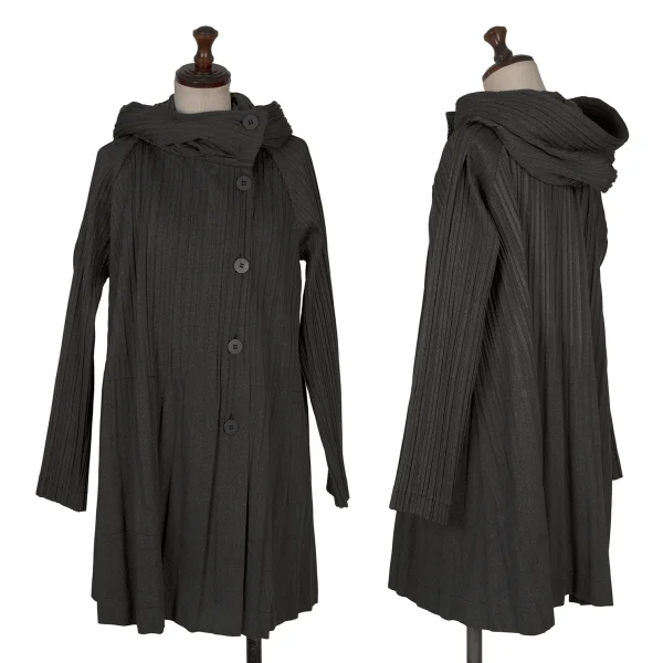 PLEATS PLEASE Poly Cotton Pleats Short Hooded Coat Charcoal 3 K-172482_001