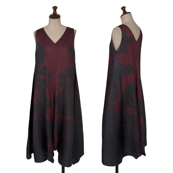 PLEATS PLEASE Graphic Print V Neck Flare Dress Navy,Purple 2 K-172485_001