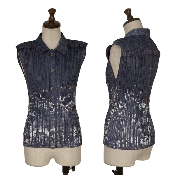PLEATS PLEASE Denim Transfer Print Sleeveless Shirt Navy,White 3 K-172492_001