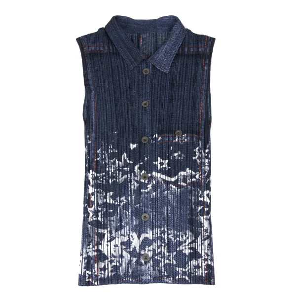 PLEATS PLEASE Denim Transfer Print Sleeveless Shirt K-172492_002