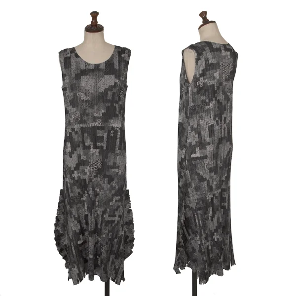 PLEATS PLEASE Cutting Design Mosaic Print Sleeveless Dress Black,Grey 2 K-172497_001