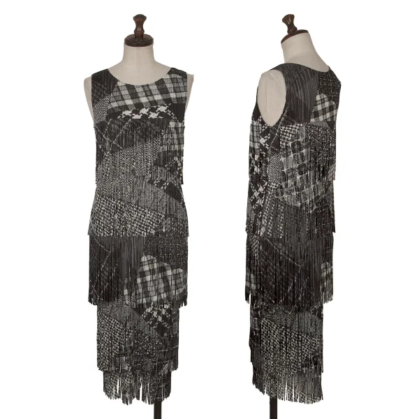 PLEATS PLEASE Crazy Pattern Fringe Sleeveless Dress Black,White,Green 3 K-172505_001